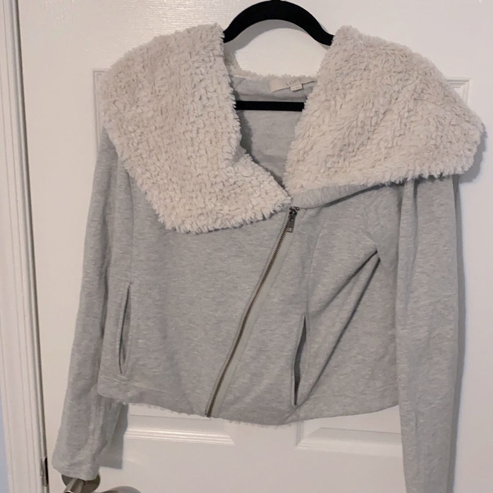 Loft cropped sweatshirt jacket with Sherpa fur collar